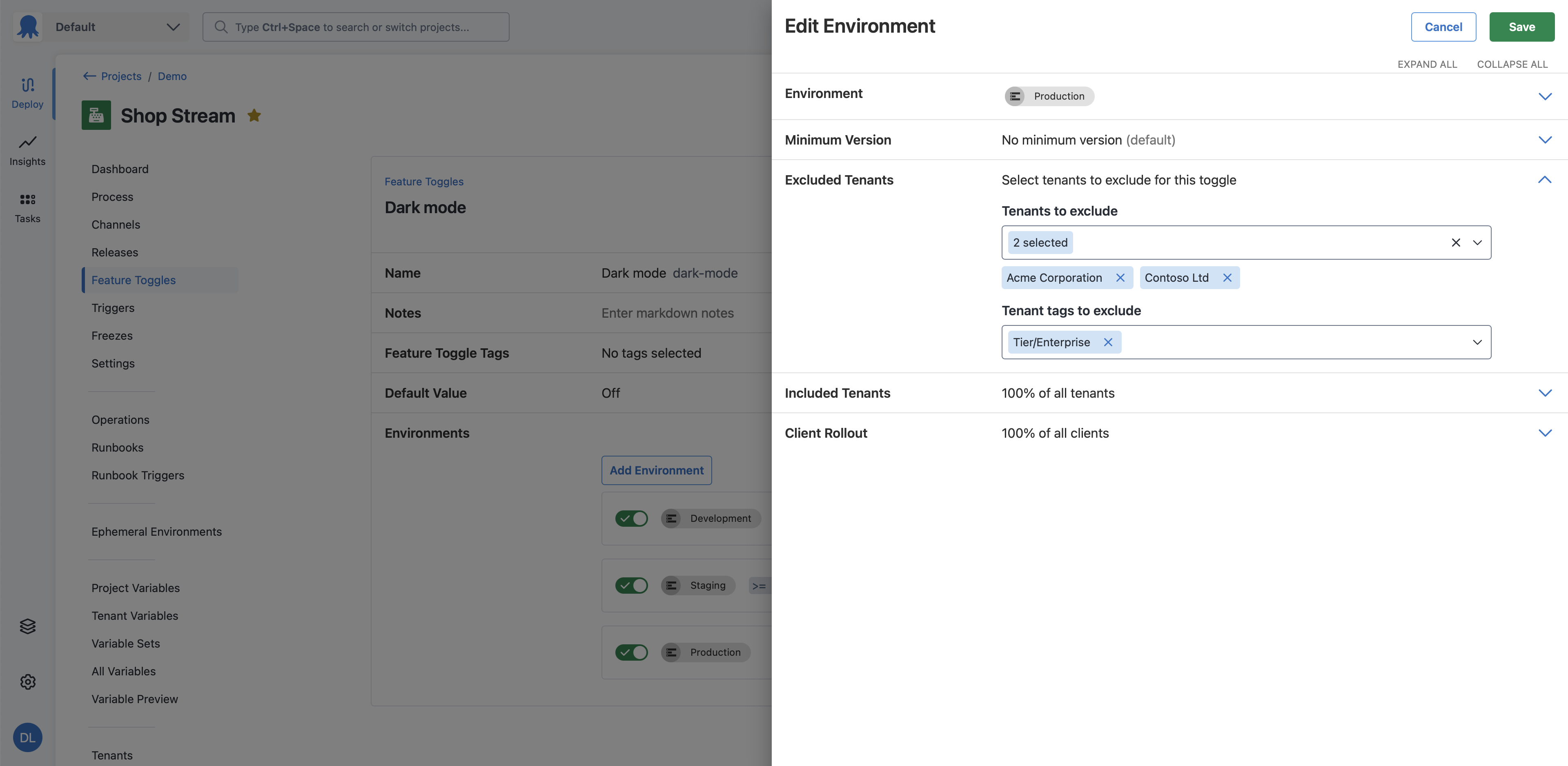 Screenshot of feature toggle environment drawer, excluded tenants section expanded, tenants to exclude multi-select has Acme Corporation and Contoso Ltd tenants selected, tenant tags to exclude multi-select has Tier/Enterprise tag selected